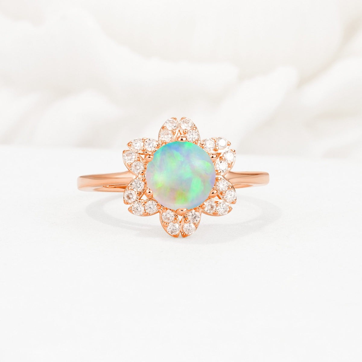 Round Cut Fire Opal Floral Cluster Halo Engagement Ring - Additional view