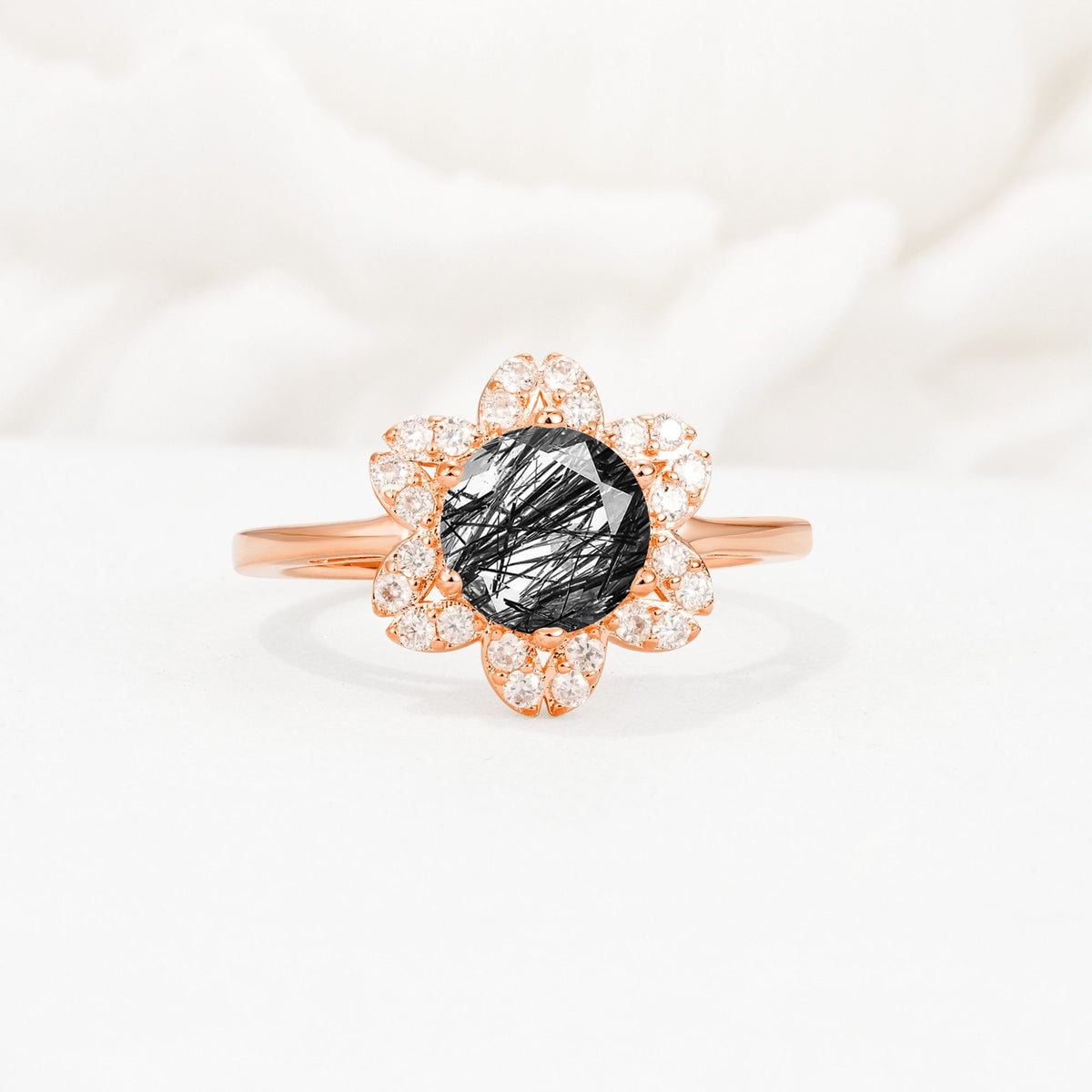 Round Cut Black Rutilated Quartz Floral Cluster Halo Engagement Ring - Additional view
