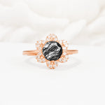 Round Cut Black Rutilated Quartz Floral Cluster Halo Engagement Ring - Additional view