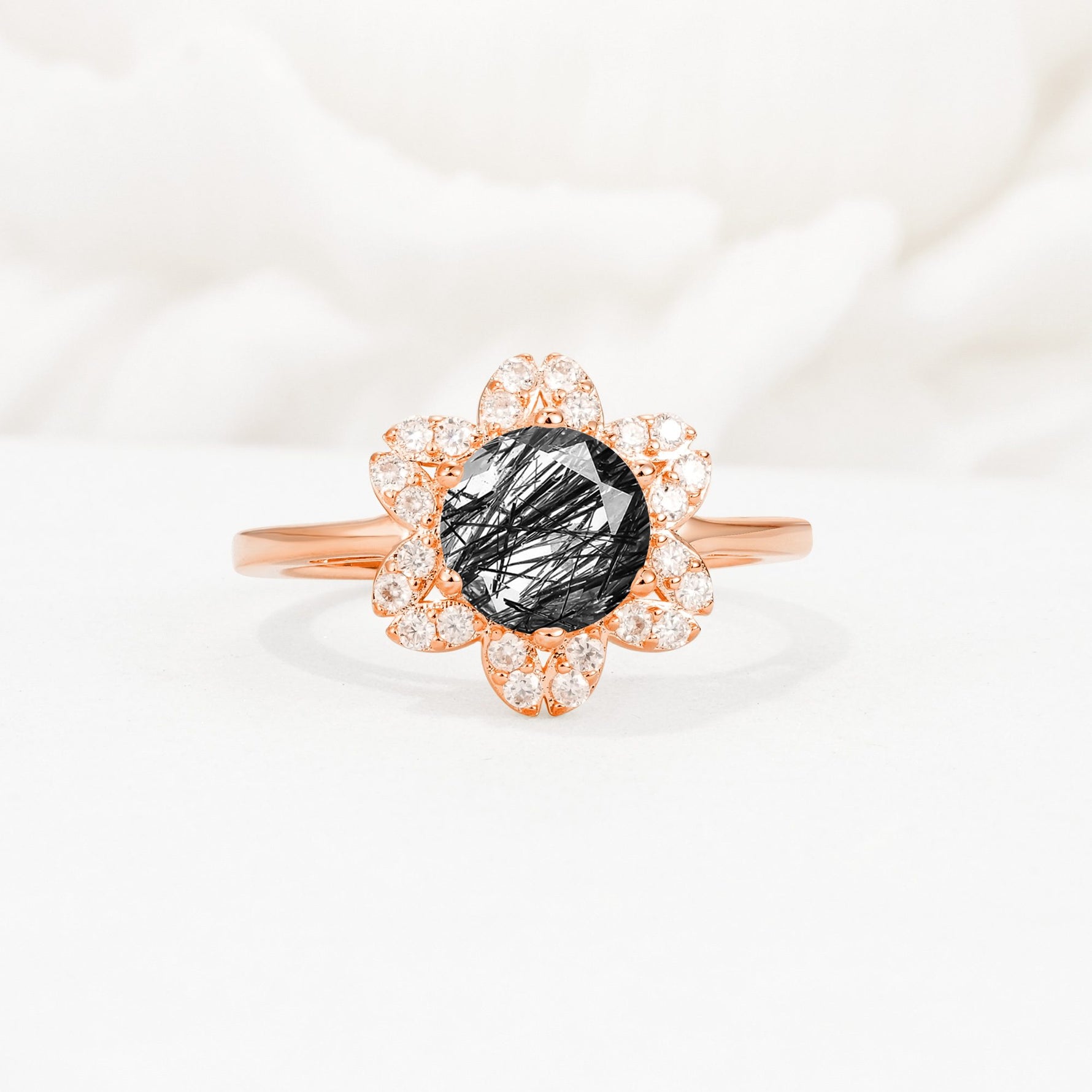 Round Cut Black Rutilated Quartz Floral Cluster Halo Engagement Ring - Additional view
