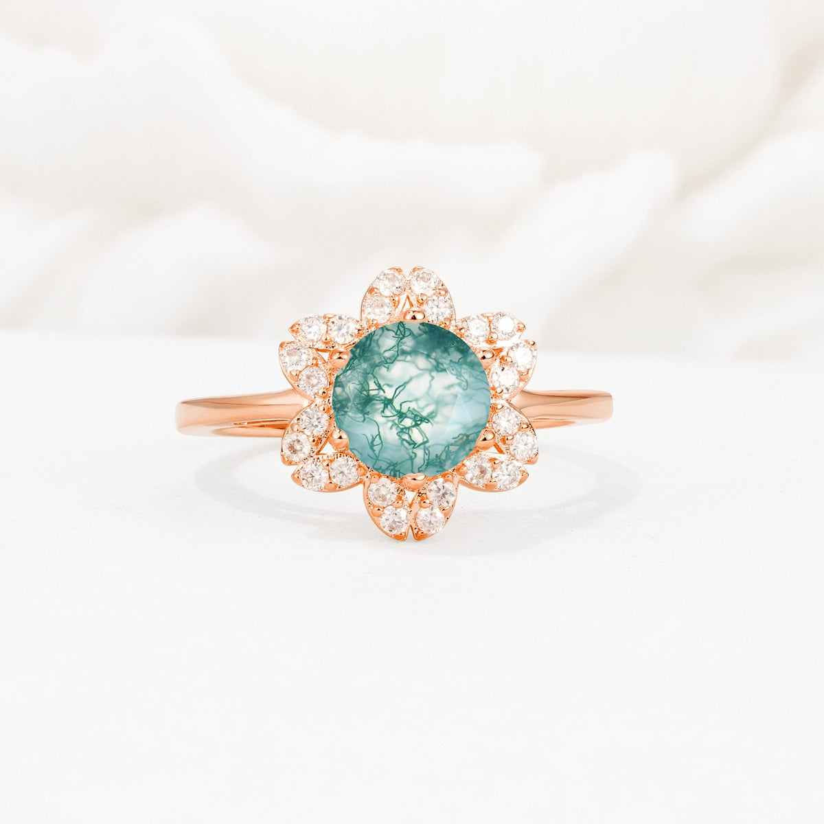 Round Cut Moss Agate Floral Cluster Halo Engagement Ring - Additional view