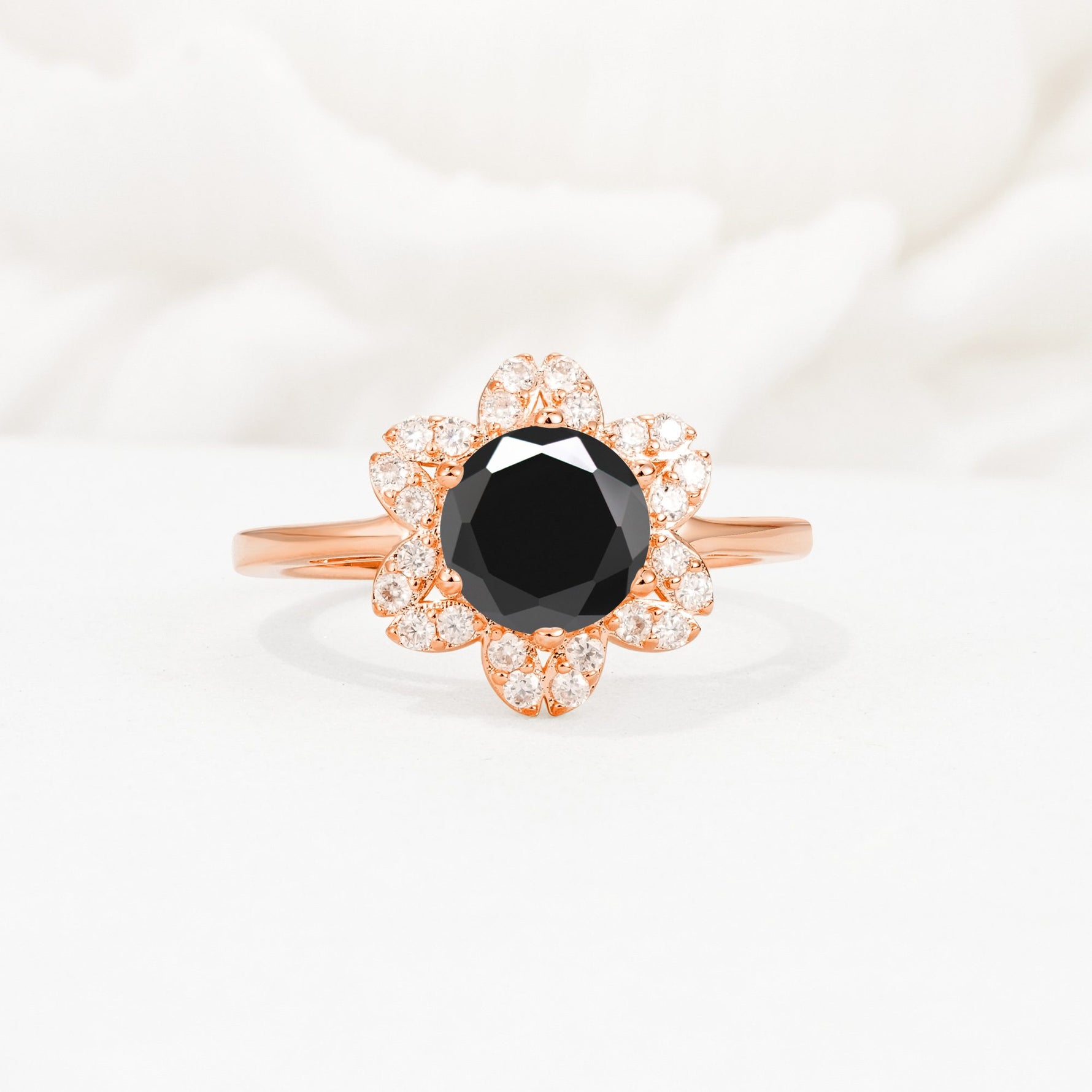 Round Cut Black Onyx Floral Cluster Halo Engagement Ring - Additional view