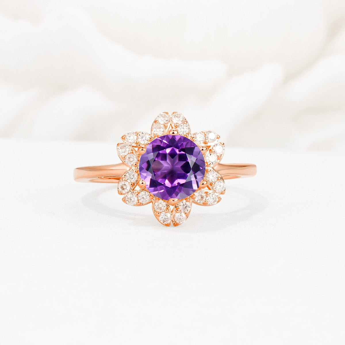 Round Cut Amethyst Floral Cluster Halo Engagement Ring - Additional view