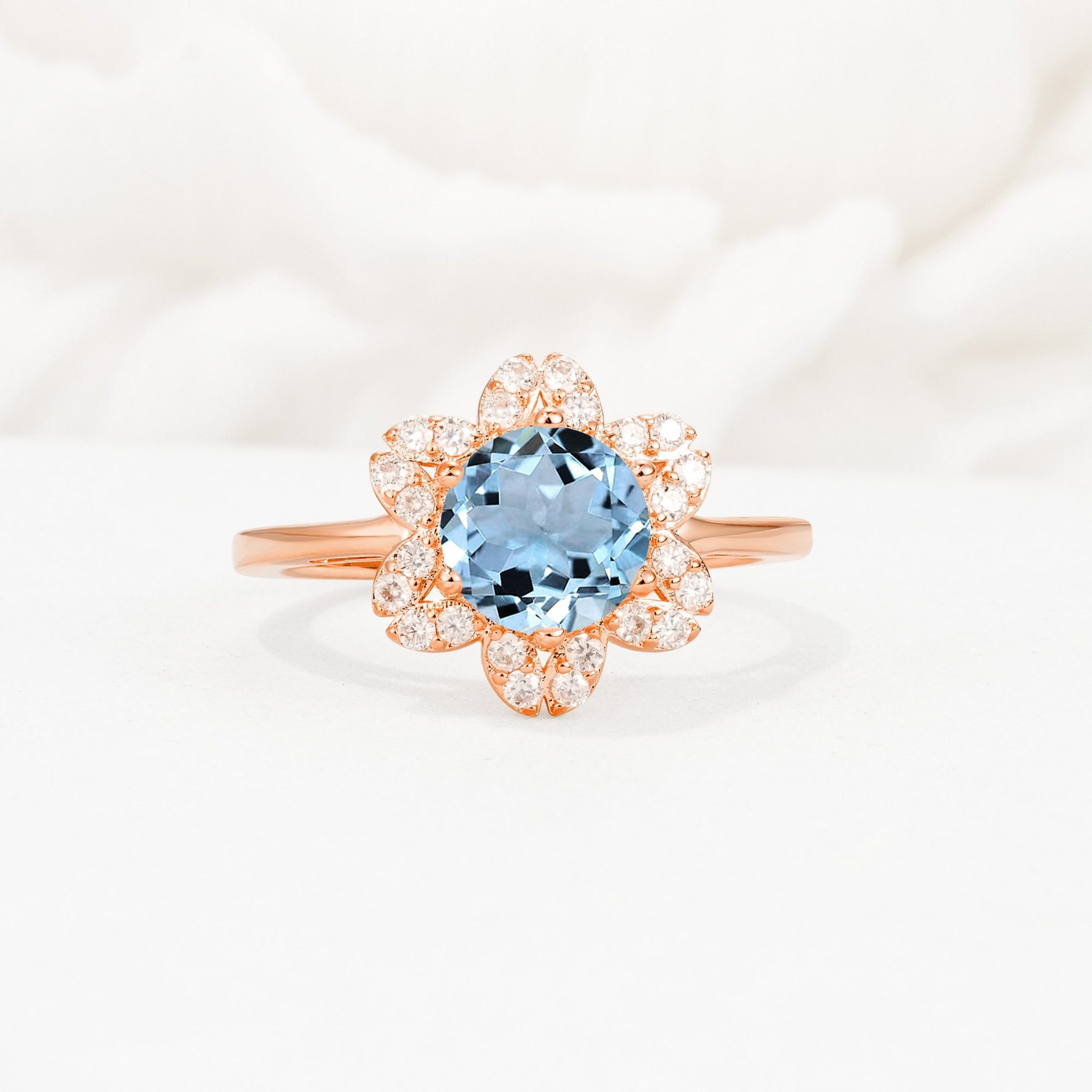 Round Cut Aquamarine Floral Cluster Halo Engagement Ring - Additional view