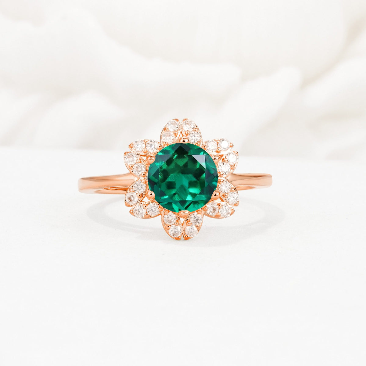 Round Cut Emerald Floral Cluster Halo Engagement Ring - Additional view