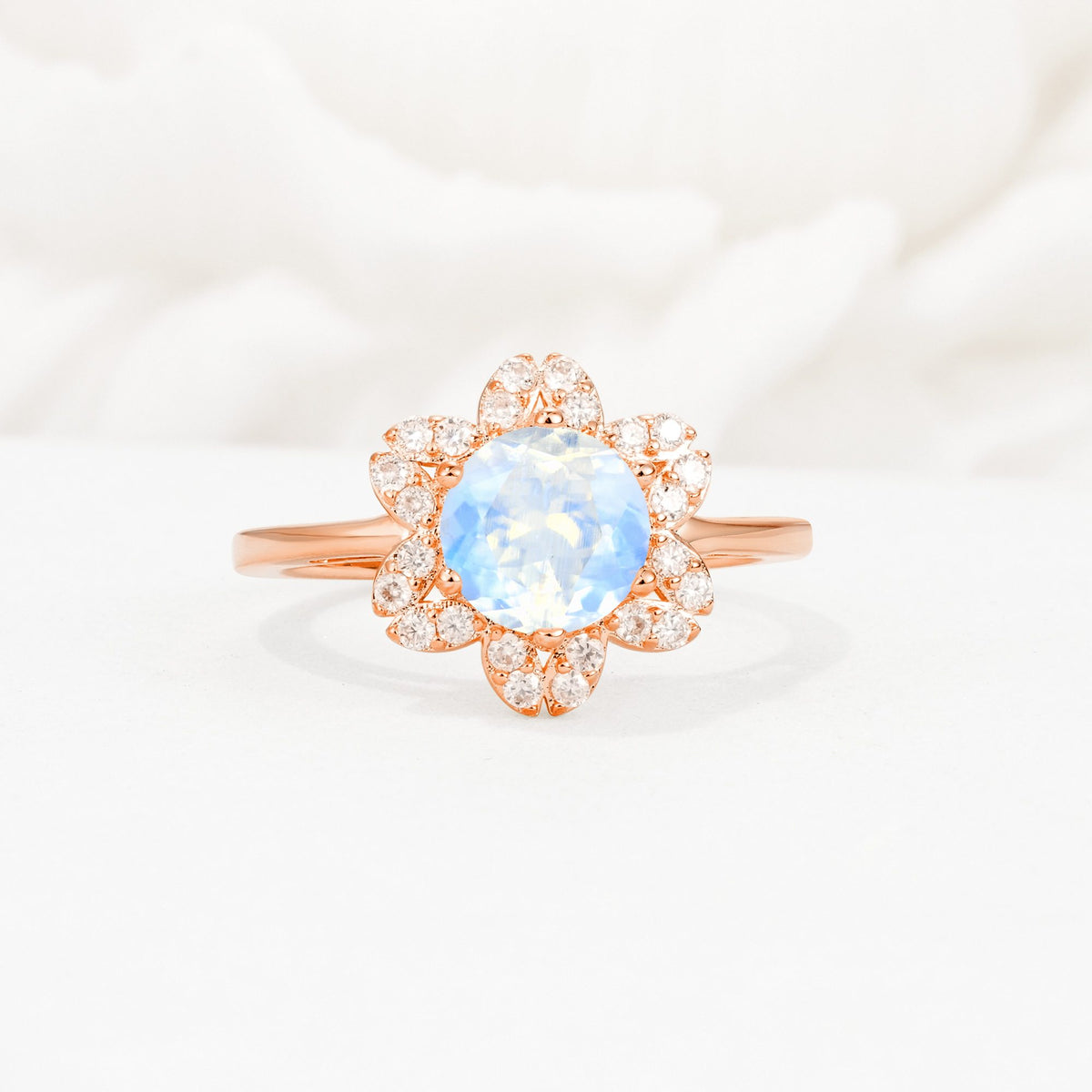 Round Cut Moonstone Floral Cluster Halo Engagement Ring - Additional view