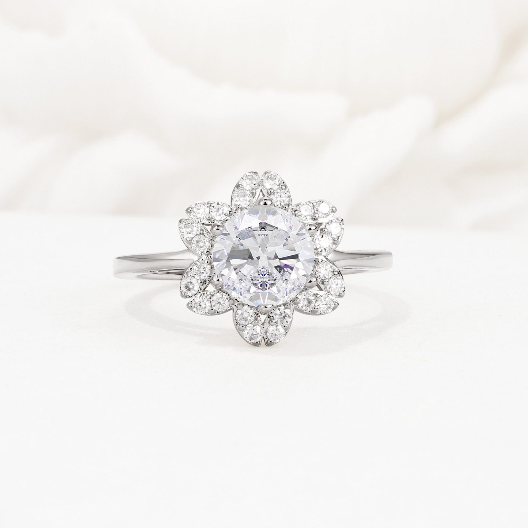 Round Cut Moissanite Floral Cluster Halo Engagement Ring - Additional view