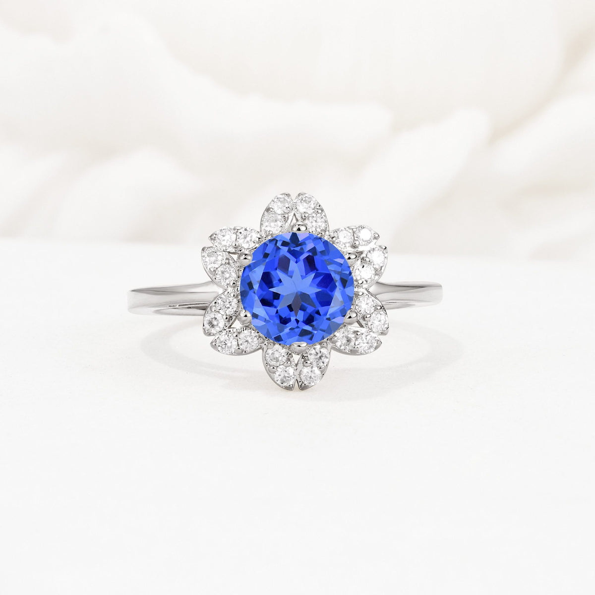 Round Cut Sapphire Floral Cluster Halo Engagement Ring - Additional view