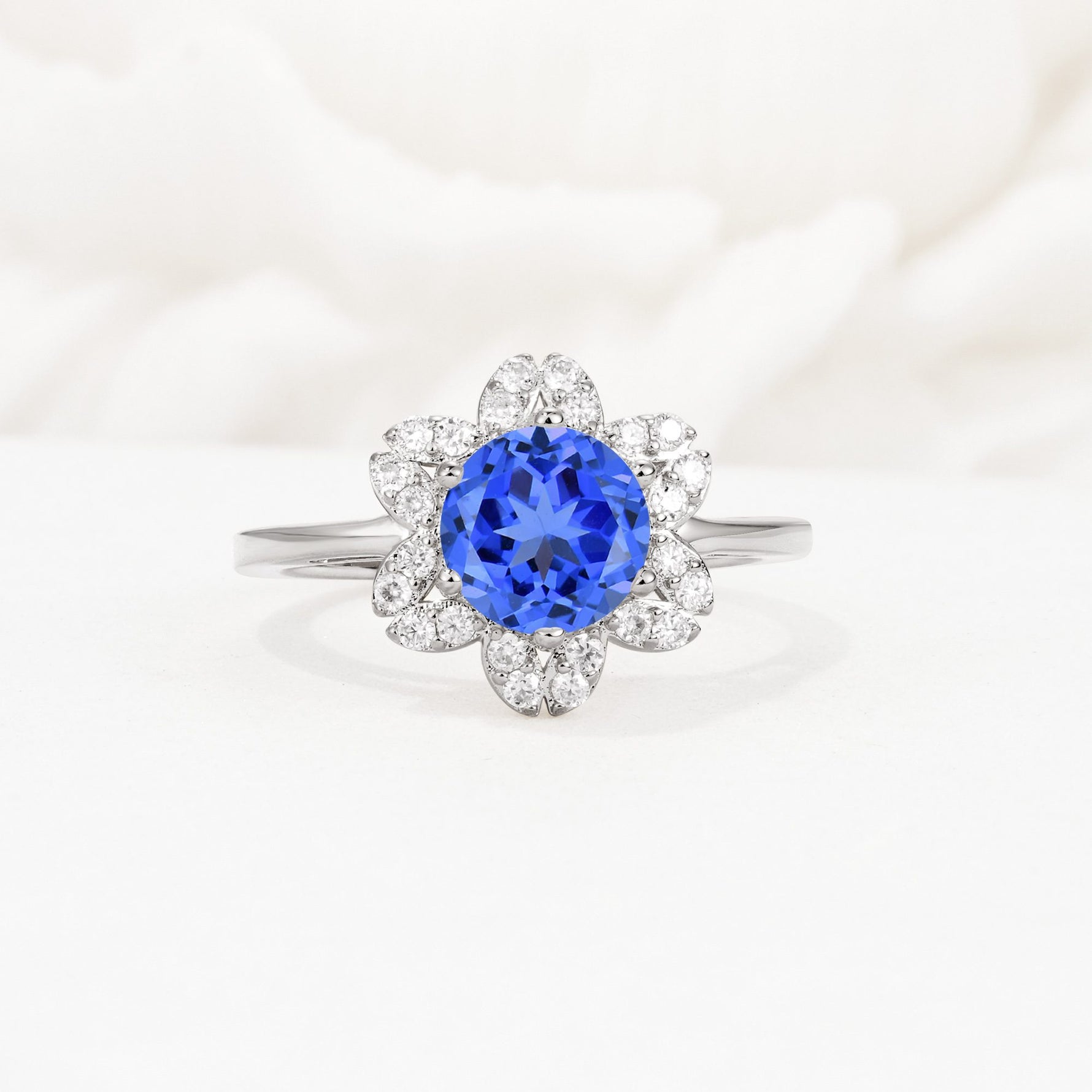 Round Cut Sapphire Floral Cluster Halo Engagement Ring - Additional view