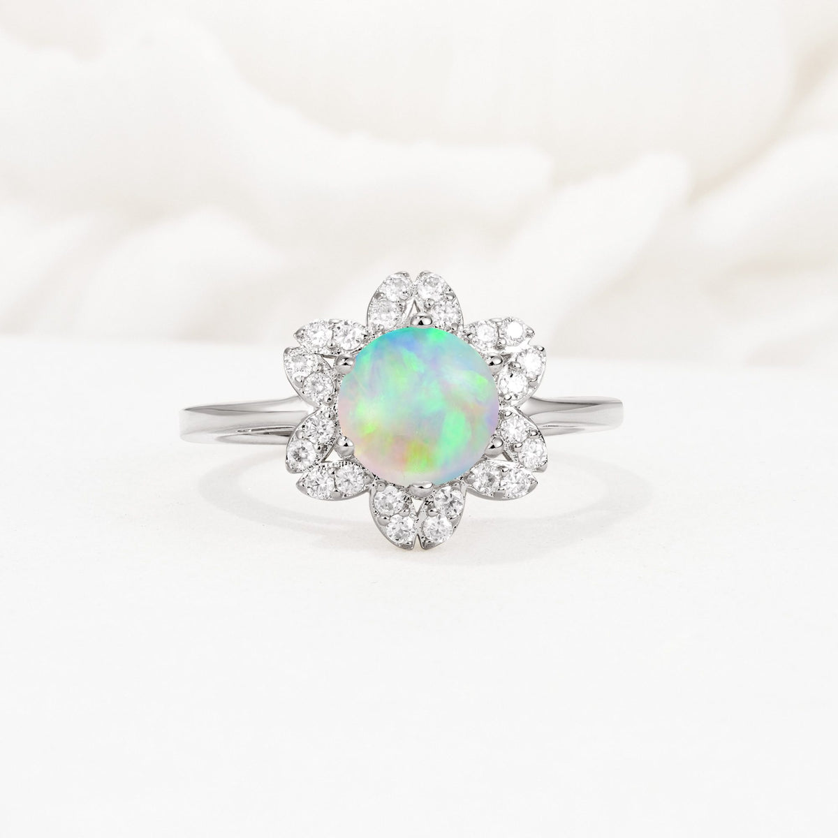 Round Cut Fire Opal Floral Cluster Halo Engagement Ring - Additional view