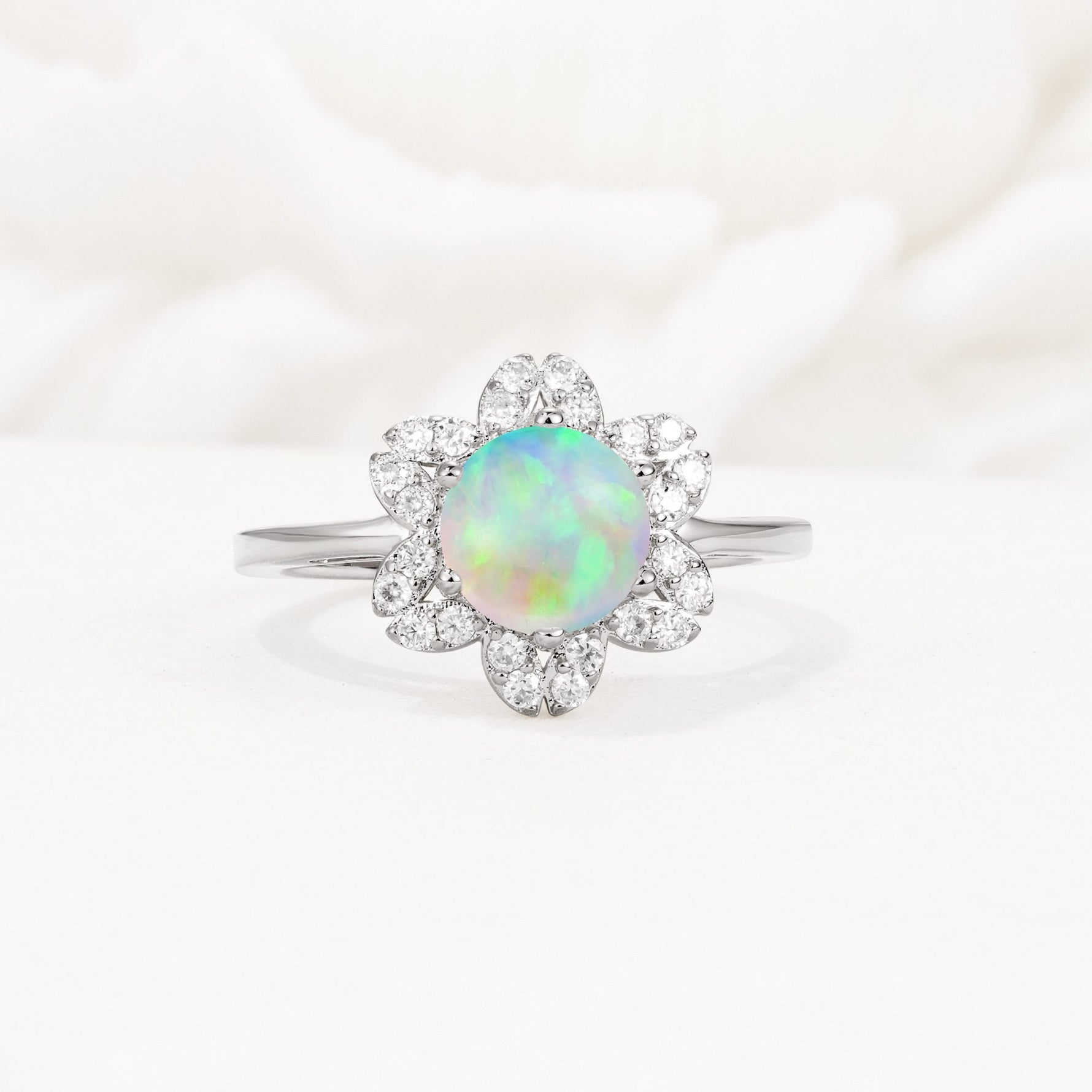 Round Cut Fire Opal Floral Cluster Halo Engagement Ring - Additional view