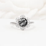 Round Cut Black Rutilated Quartz Floral Cluster Halo Engagement Ring - Additional view