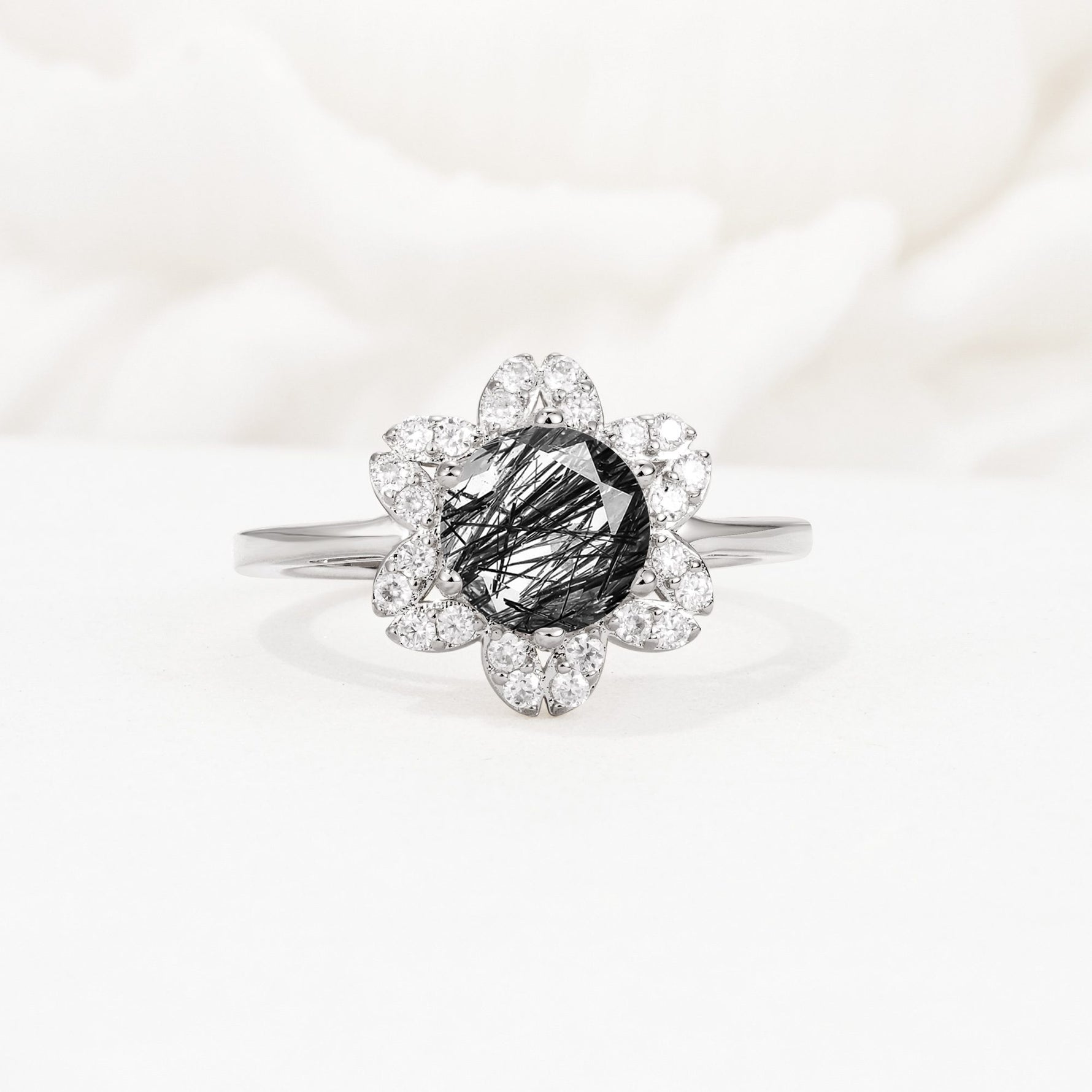 Round Cut Black Rutilated Quartz Floral Cluster Halo Engagement Ring - Additional view