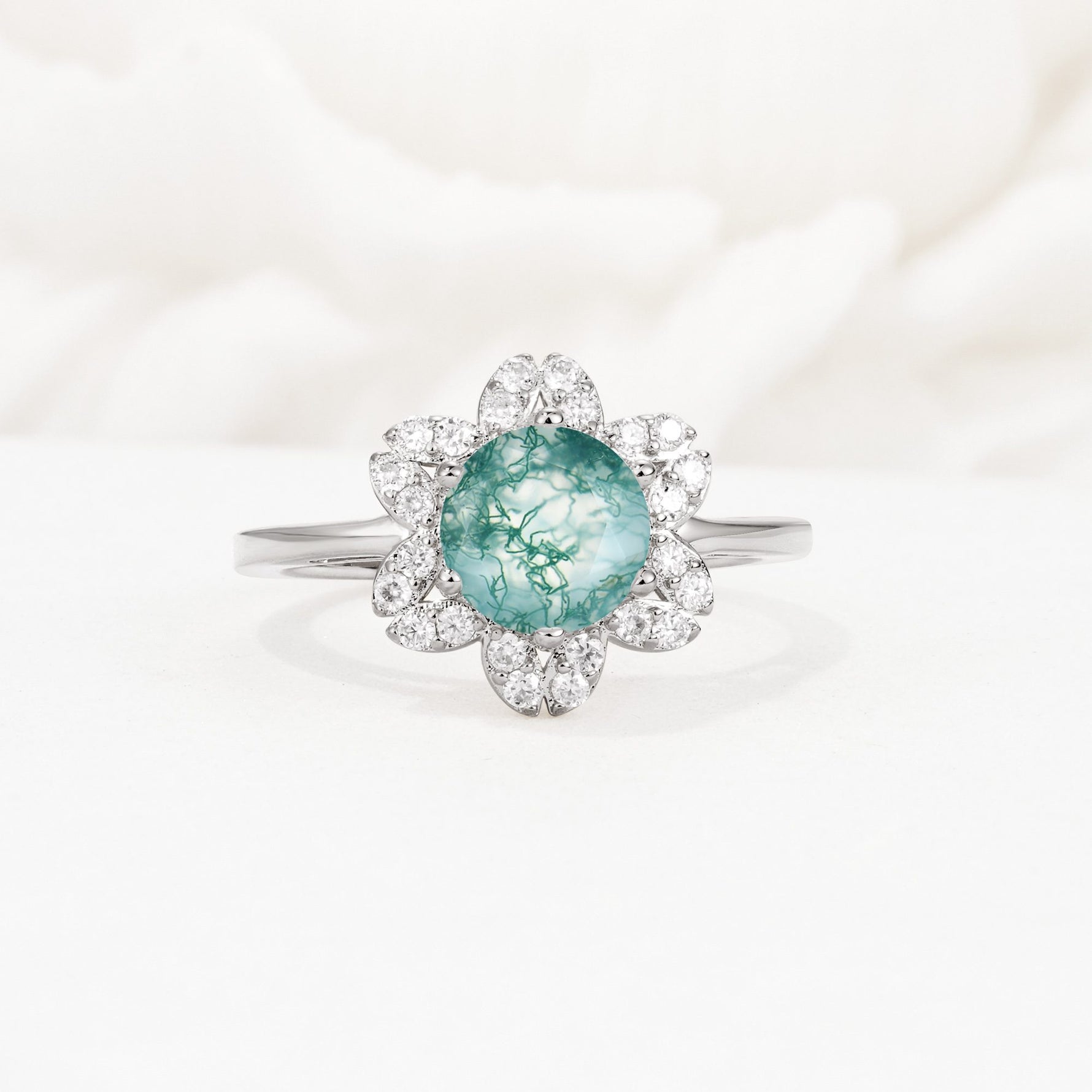 Round Cut Moss Agate Floral Cluster Halo Engagement Ring - Additional view