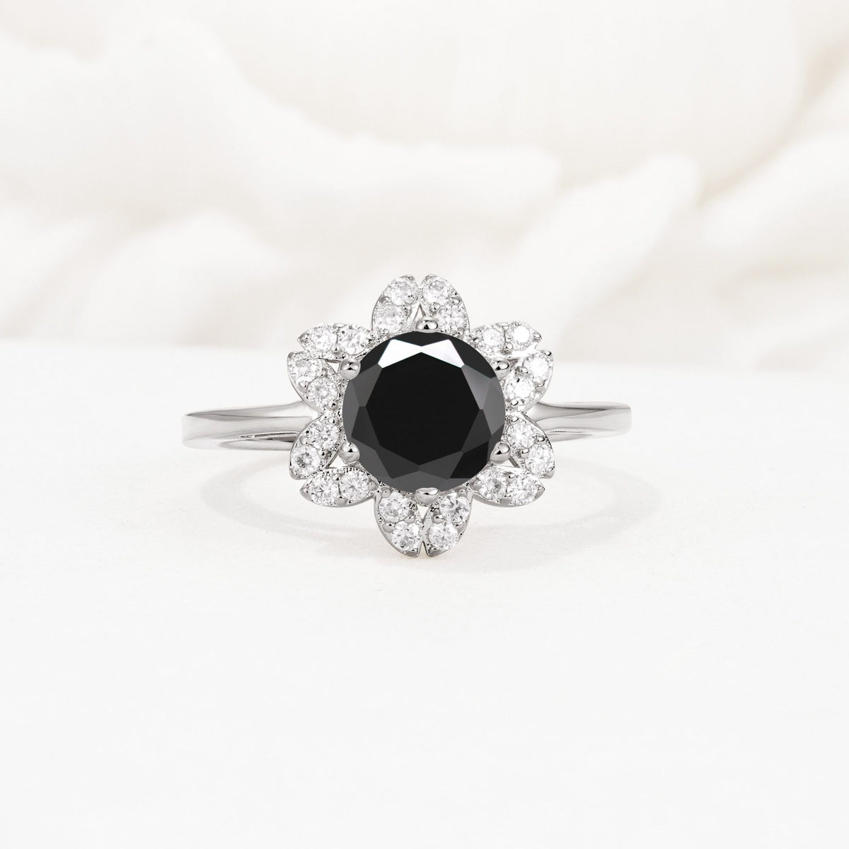 Round Cut Black Onyx Floral Cluster Halo Engagement Ring - Additional view