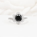 Round Cut Black Onyx Floral Cluster Halo Engagement Ring - Additional view