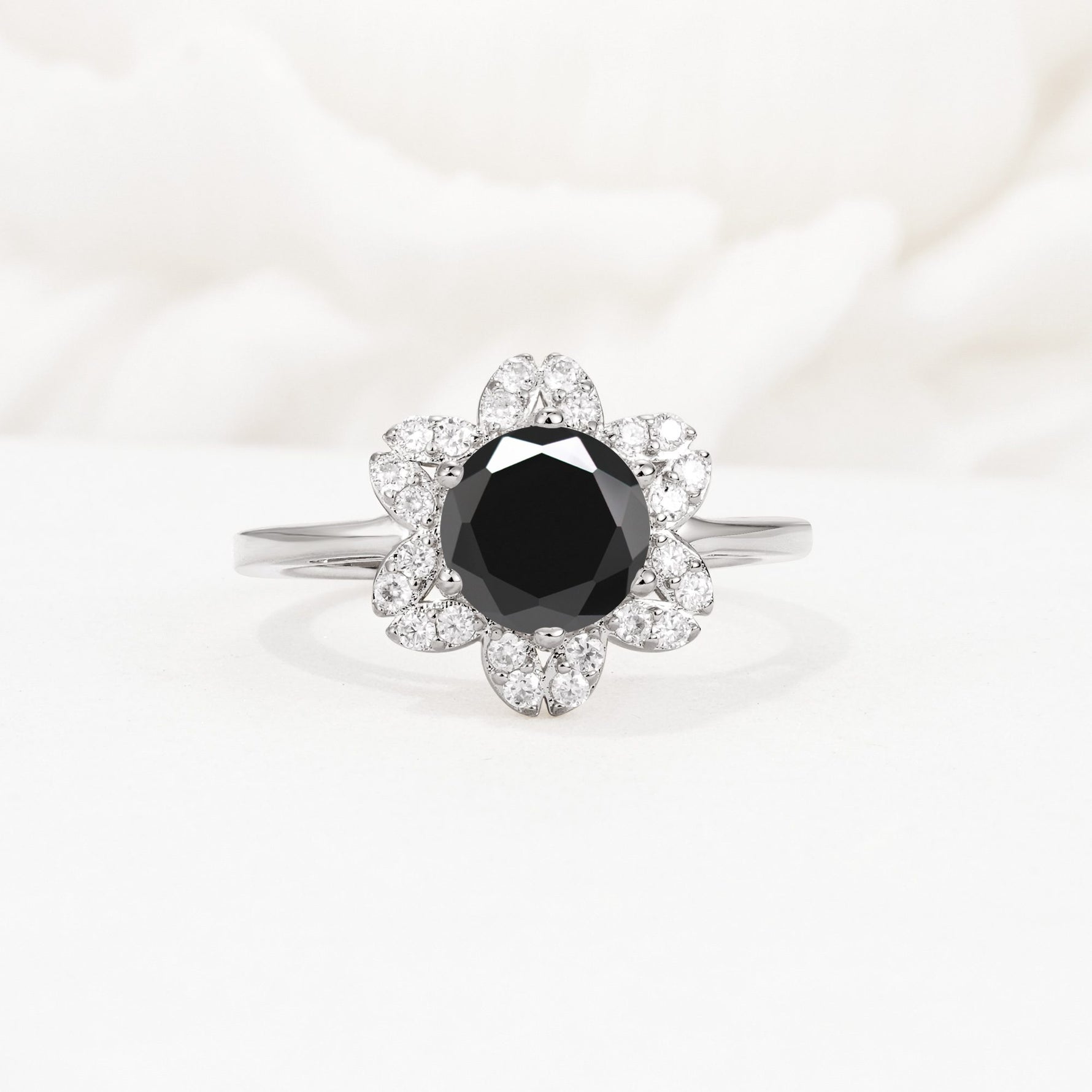 Round Cut Black Onyx Floral Cluster Halo Engagement Ring - Additional view