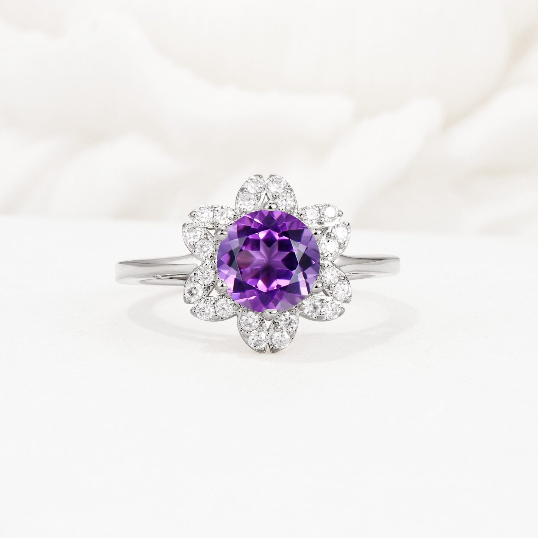 Round Cut Amethyst Floral Cluster Halo Engagement Ring - Additional view
