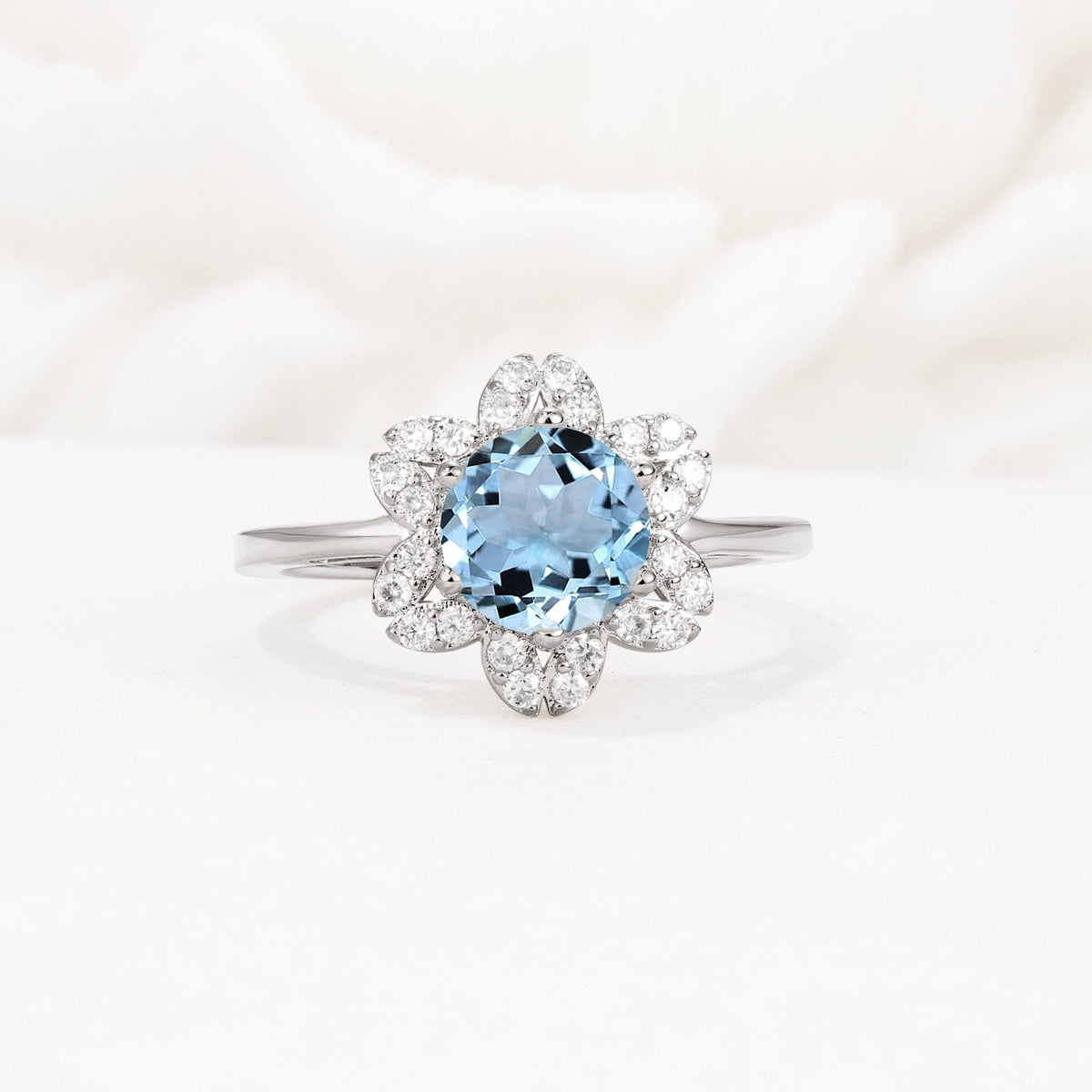 Round Cut Aquamarine Floral Cluster Halo Engagement Ring - Additional view