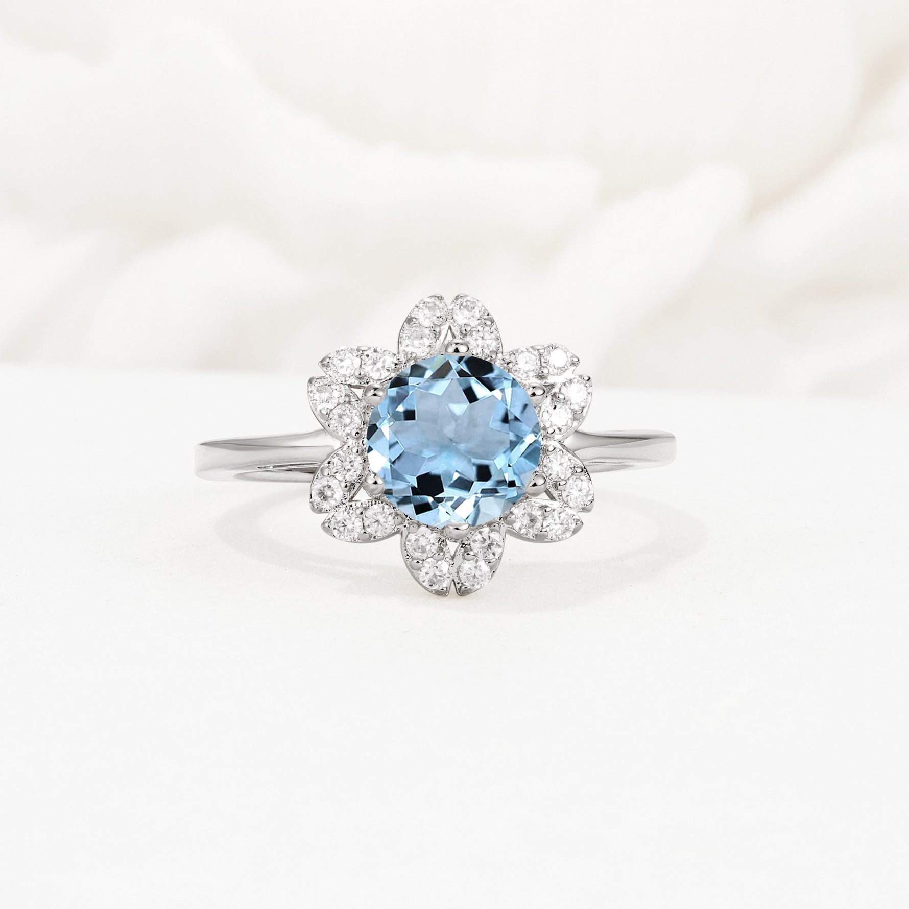 Round Cut Aquamarine Floral Cluster Halo Engagement Ring - Additional view