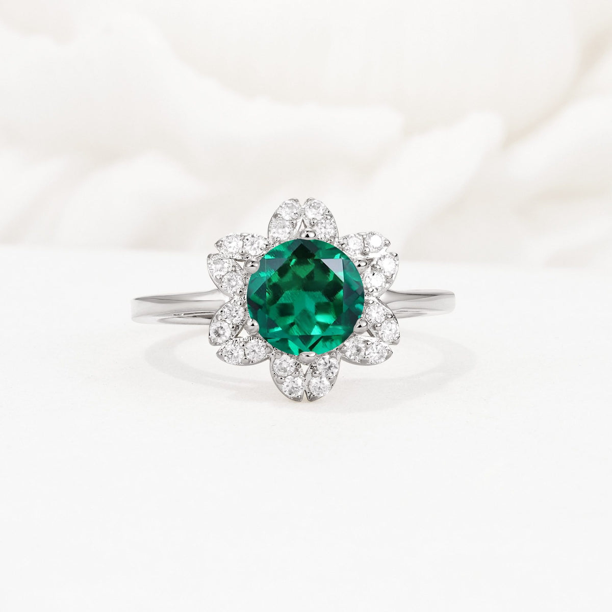 Round Cut Emerald Floral Cluster Halo Engagement Ring - Additional view