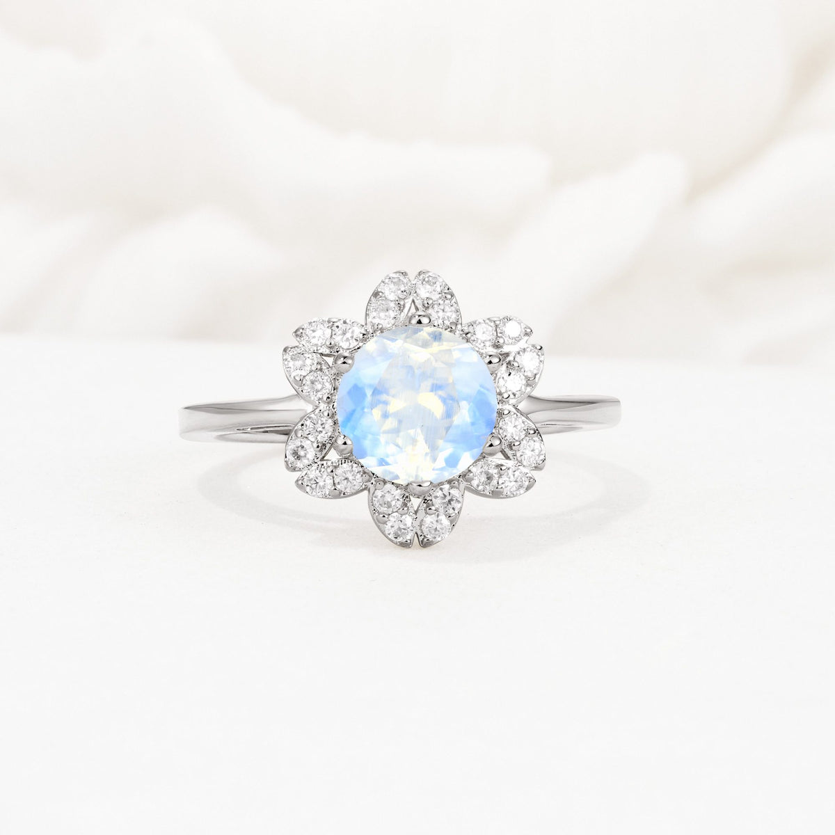Round Cut Moonstone Floral Cluster Halo Engagement Ring - Additional view