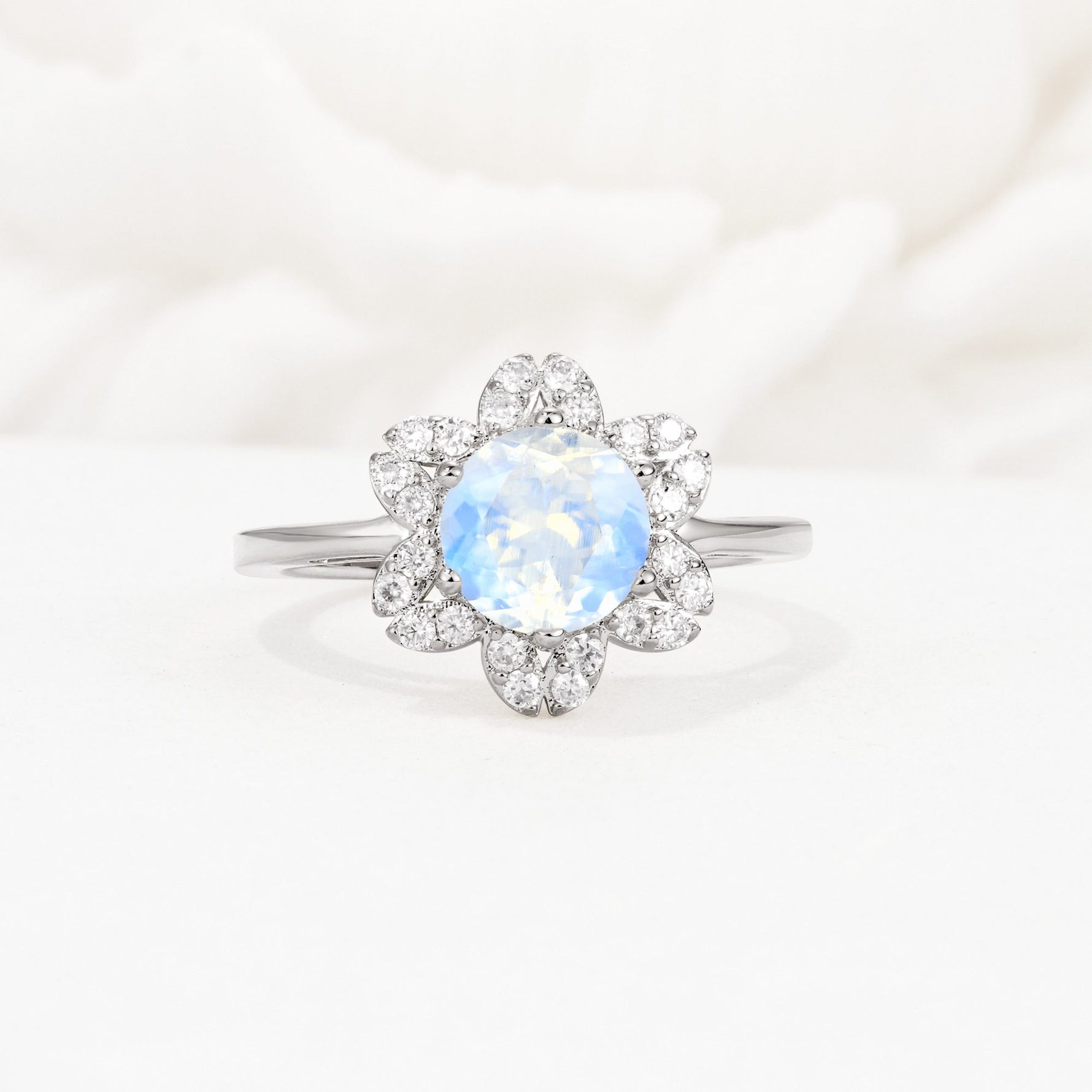 Round Cut Moonstone Floral Cluster Halo Engagement Ring - Additional view