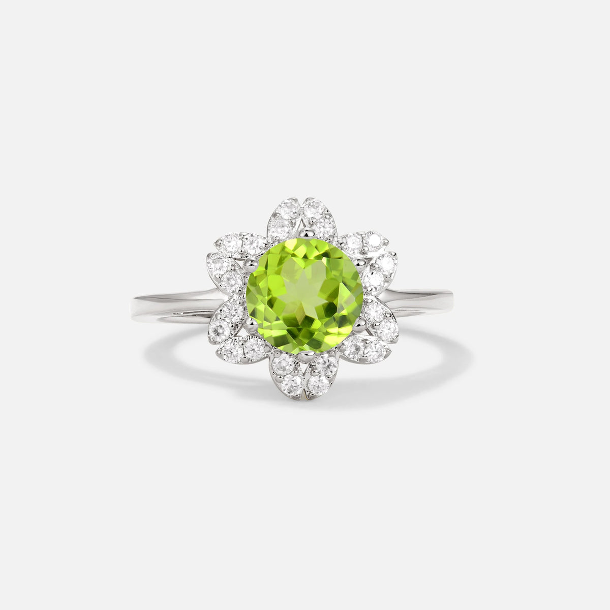 Round Cut Peridot Floral Cluster Halo Engagement Ring - Additional view