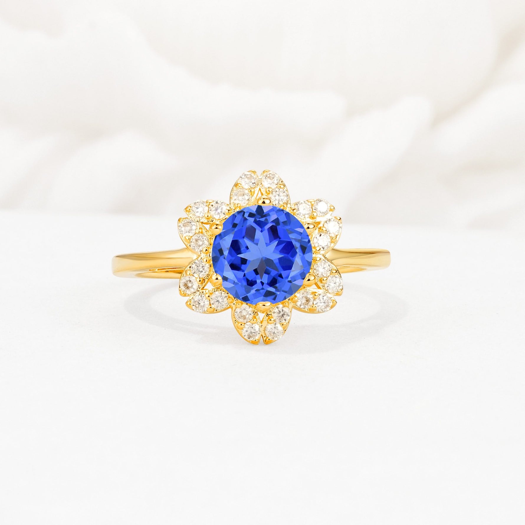 Round Cut Sapphire Floral Cluster Halo Engagement Ring - Additional view
