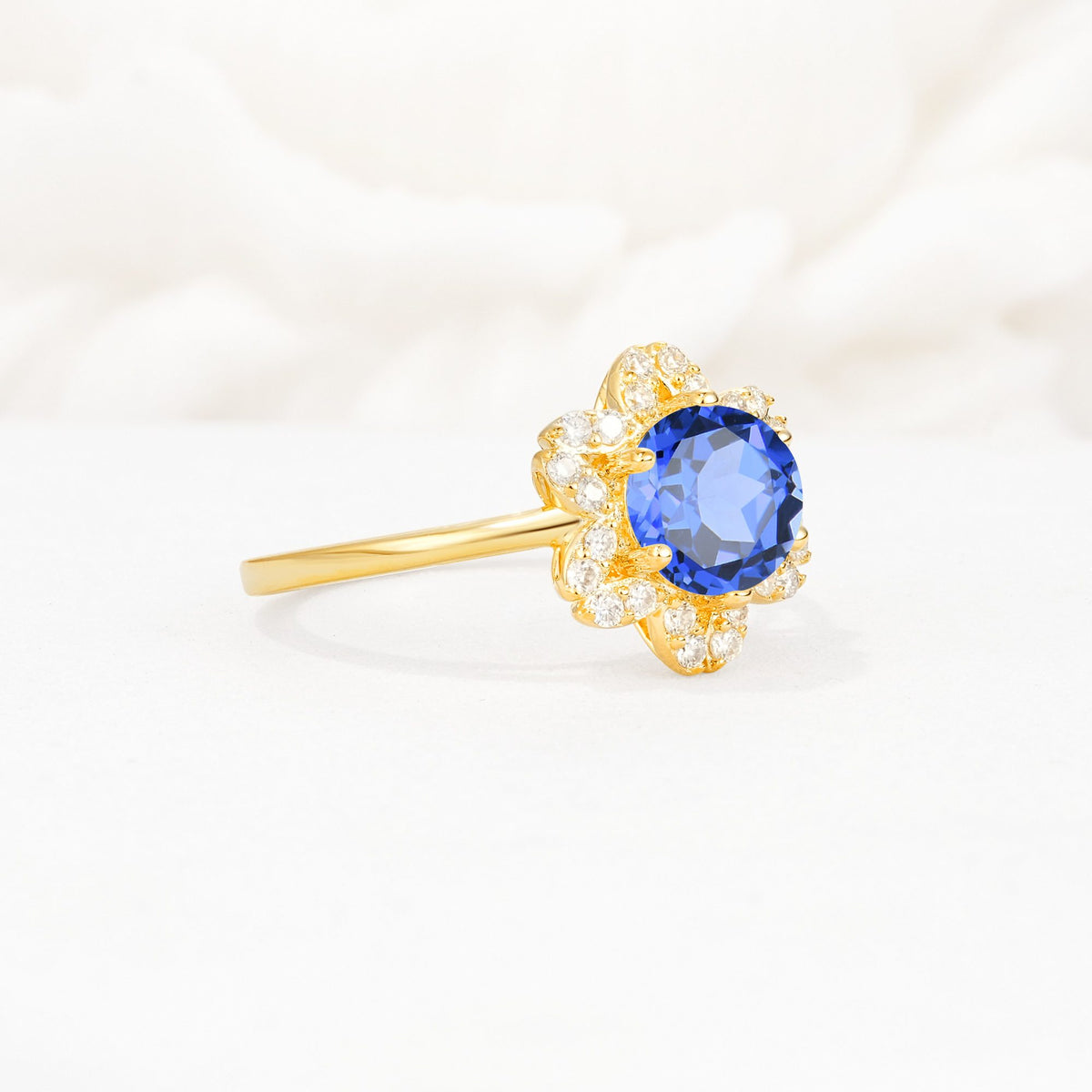 Round Cut Sapphire Floral Cluster Halo Engagement Ring - Additional view