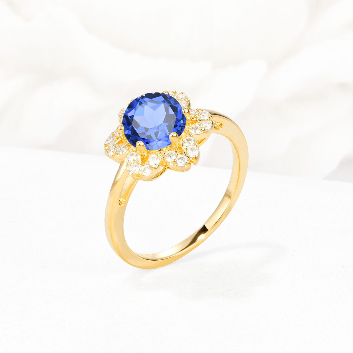 Round Cut Sapphire Floral Cluster Halo Engagement Ring - Additional view