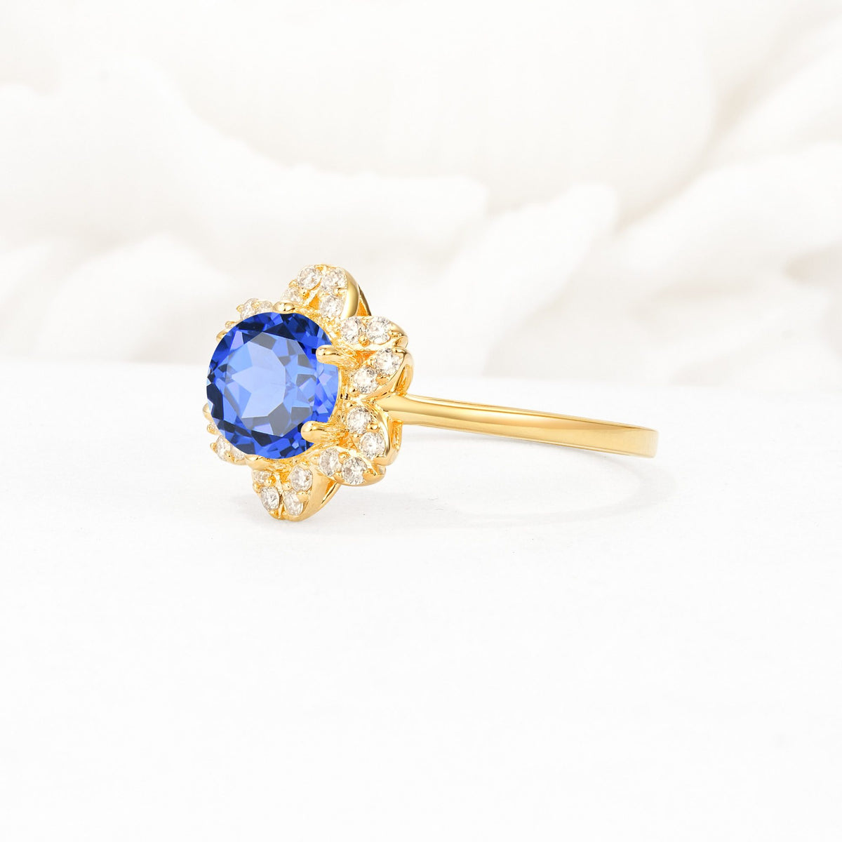 Round Cut Sapphire Floral Cluster Halo Engagement Ring - Additional view