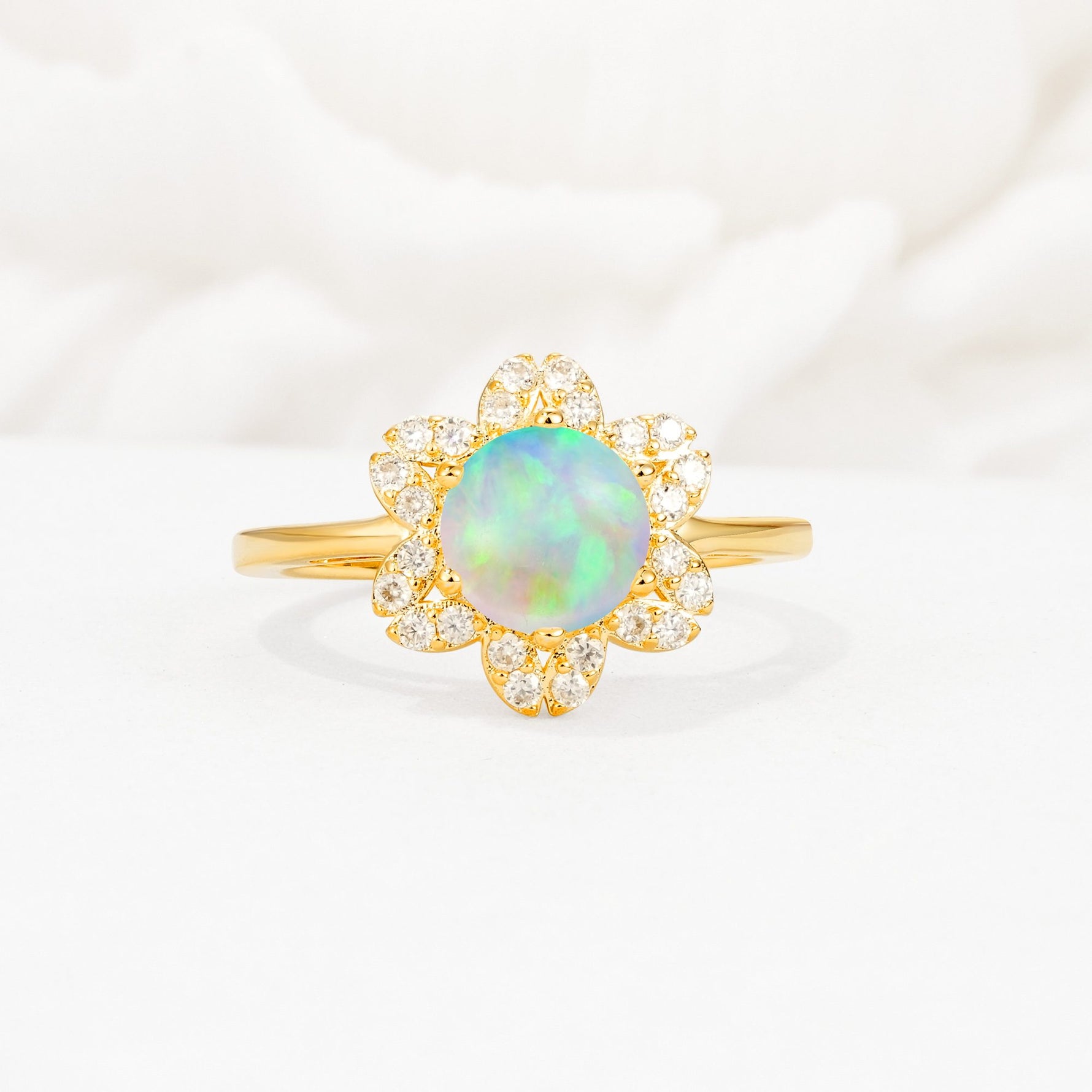 Round Cut Fire Opal Floral Cluster Halo Engagement Ring - Additional view