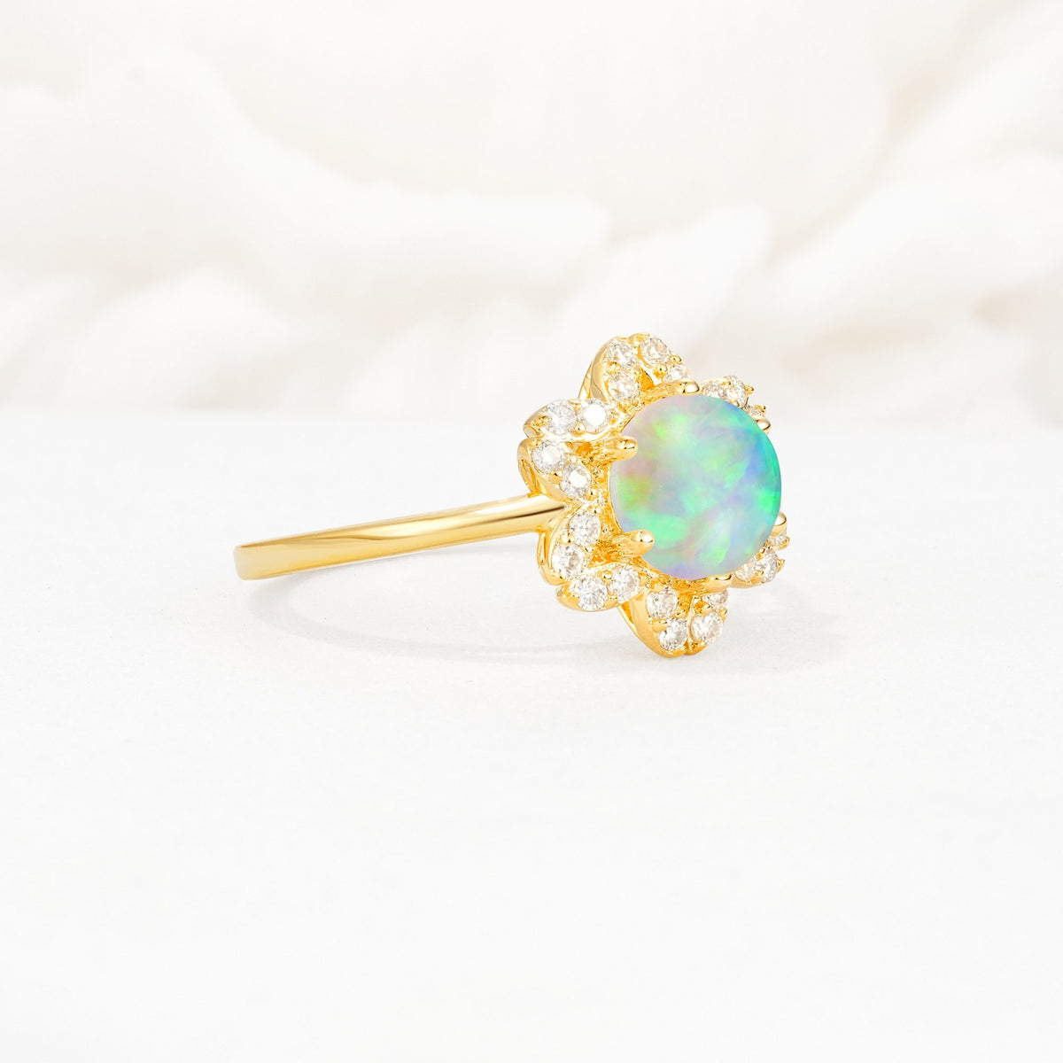 Round Cut Fire Opal Floral Cluster Halo Engagement Ring - Additional view