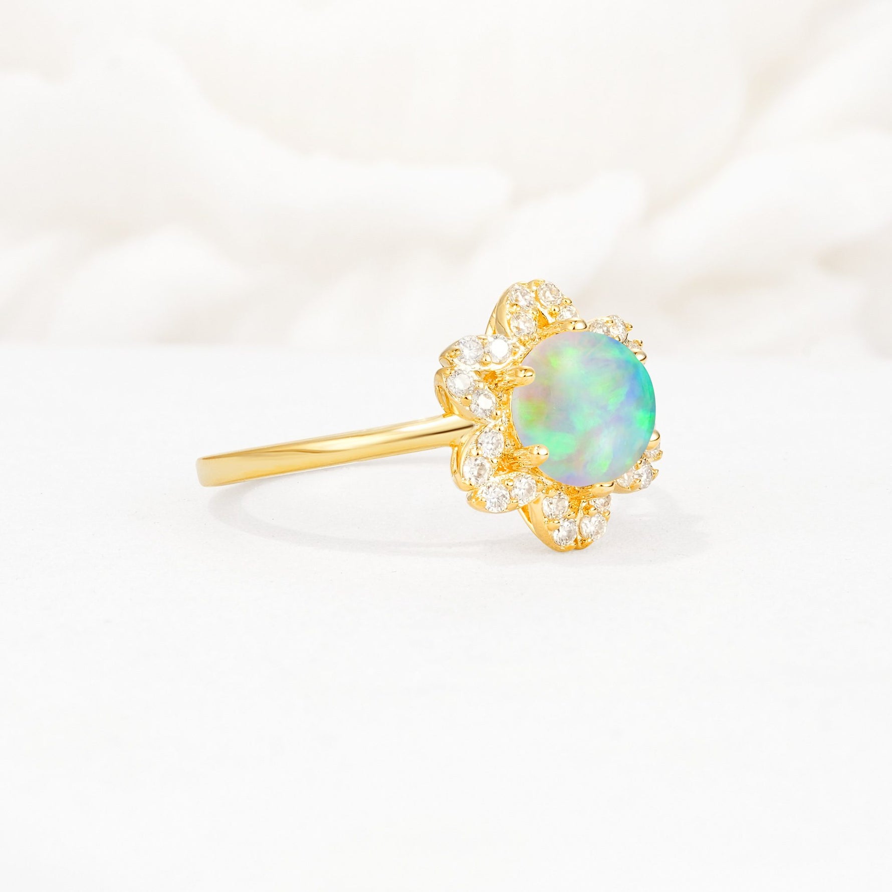 Round Cut Fire Opal Floral Cluster Halo Engagement Ring - Additional view