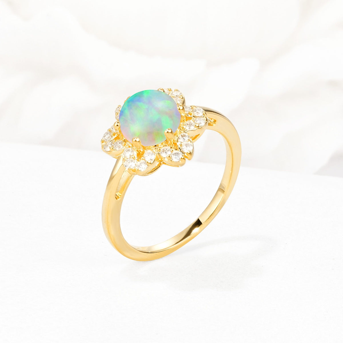 Round Cut Fire Opal Floral Cluster Halo Engagement Ring - Additional view