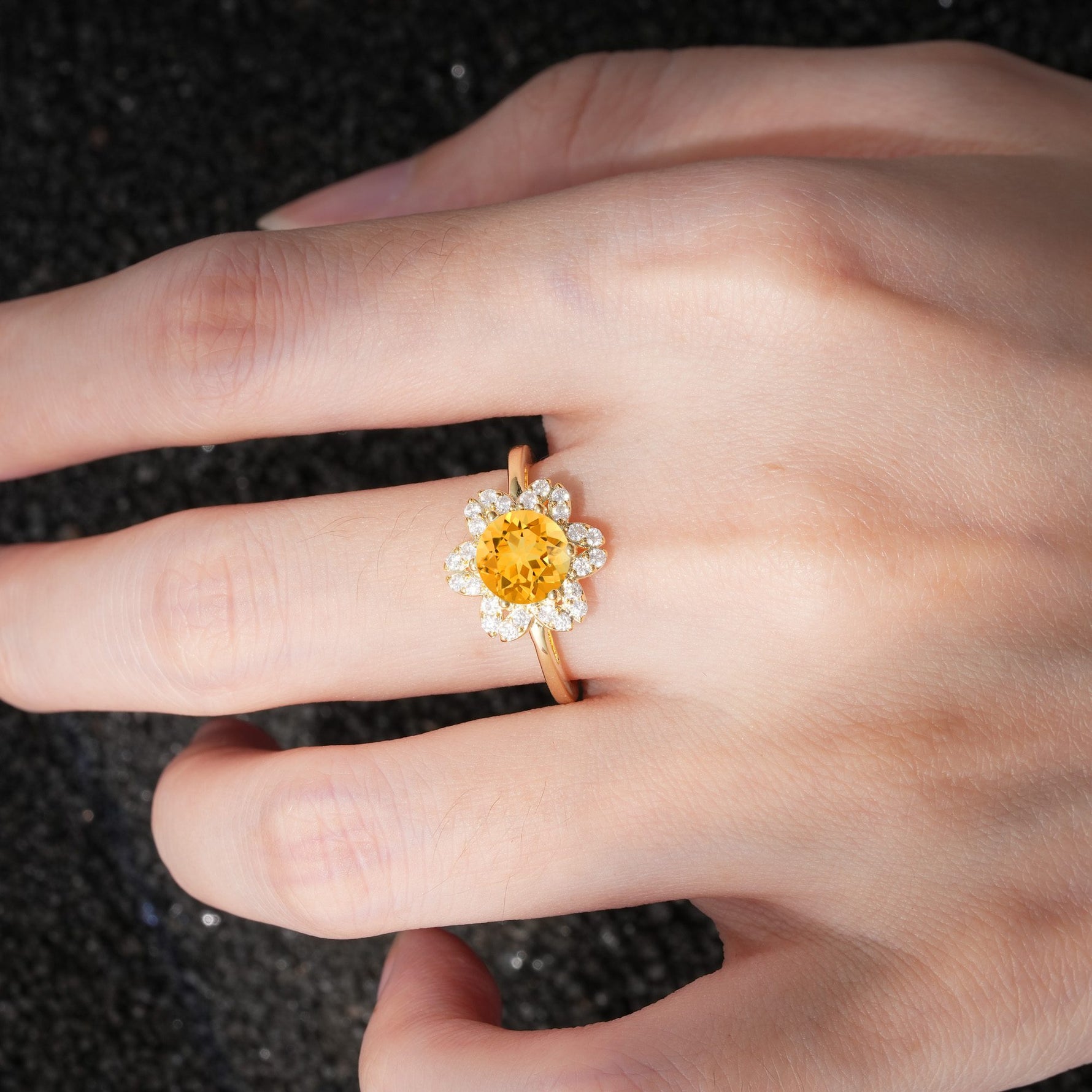 Round Cut Citrine Floral Cluster Halo Engagement Ring - Additional view