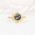 Round Cut Black Rutilated Quartz Floral Cluster Halo Engagement Ring - Additional view