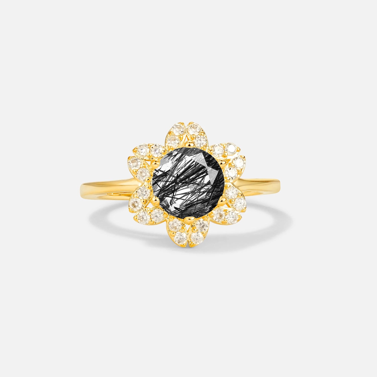 Round Cut Black Rutilated Quartz Floral Cluster Halo Engagement Ring - Additional view