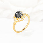 Round Cut Black Rutilated Quartz Floral Cluster Halo Engagement Ring - Additional view