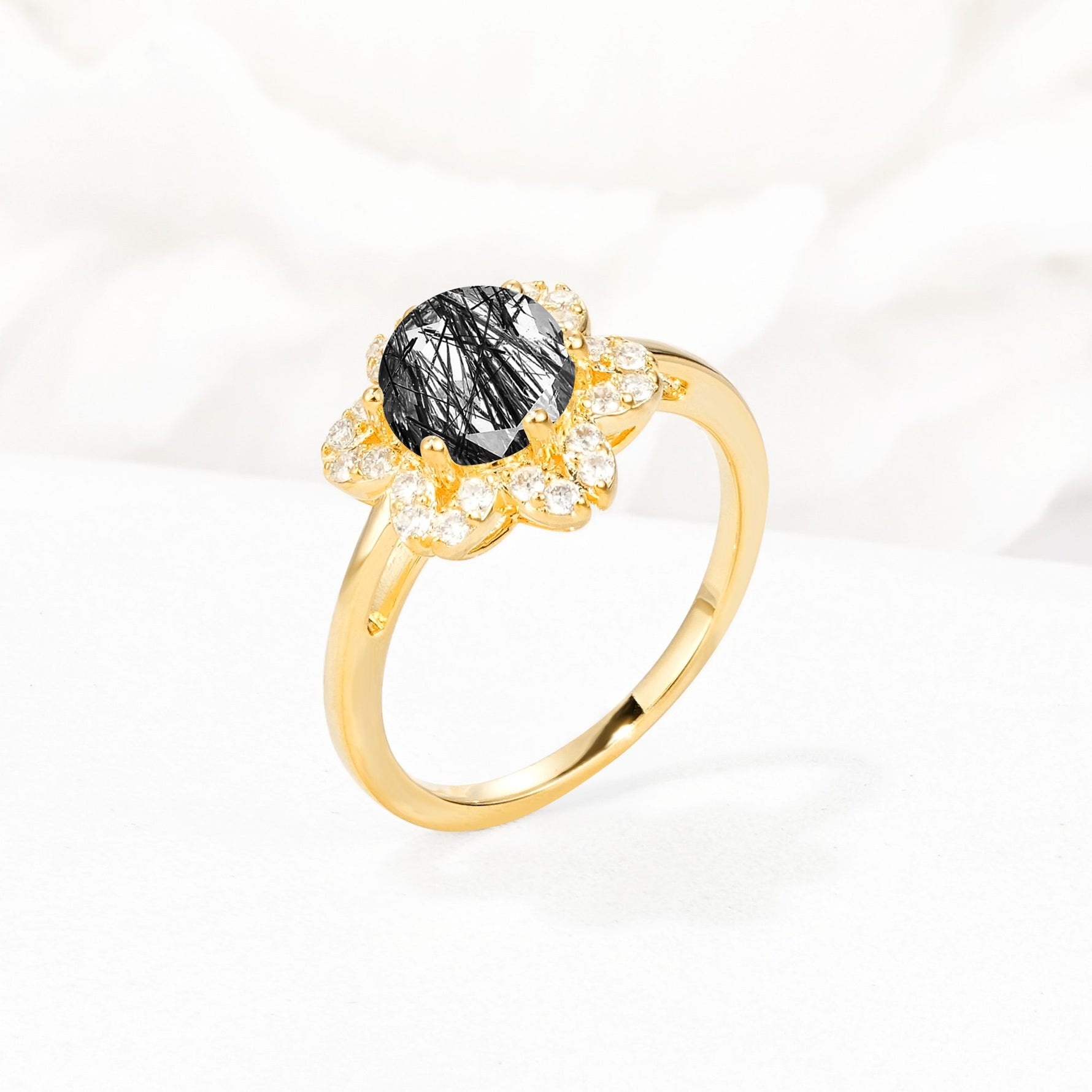 Round Cut Black Rutilated Quartz Floral Cluster Halo Engagement Ring - Additional view