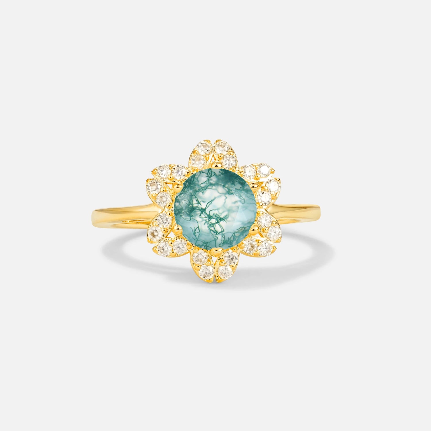 Round Cut Moss Agate Floral Cluster Halo Engagement Ring - Additional view