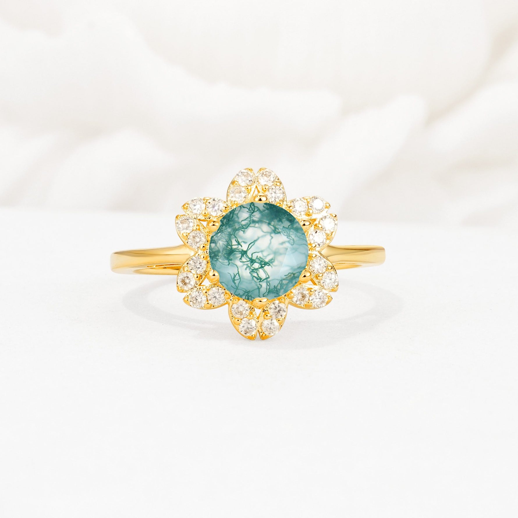 Round Cut Moss Agate Floral Cluster Halo Engagement Ring - Additional view