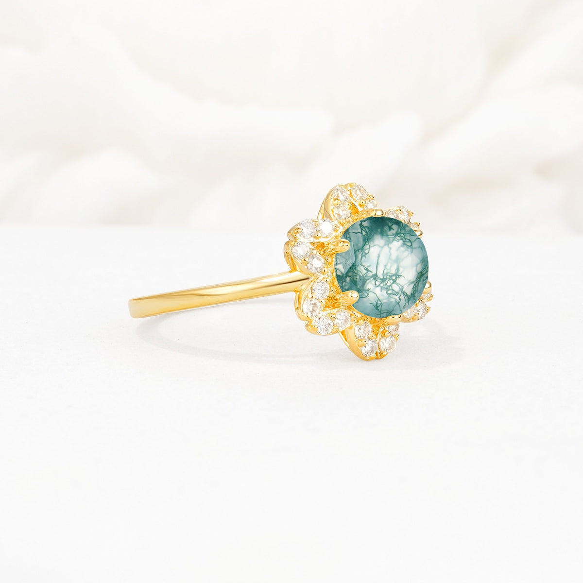 Round Cut Moss Agate Floral Cluster Halo Engagement Ring - Additional view