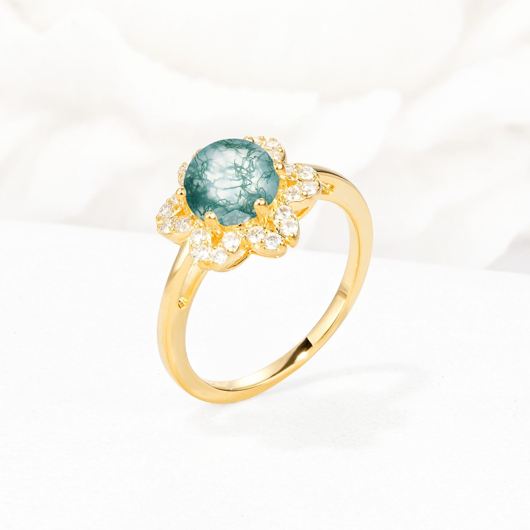Round Cut Moss Agate Floral Cluster Halo Engagement Ring - Additional view
