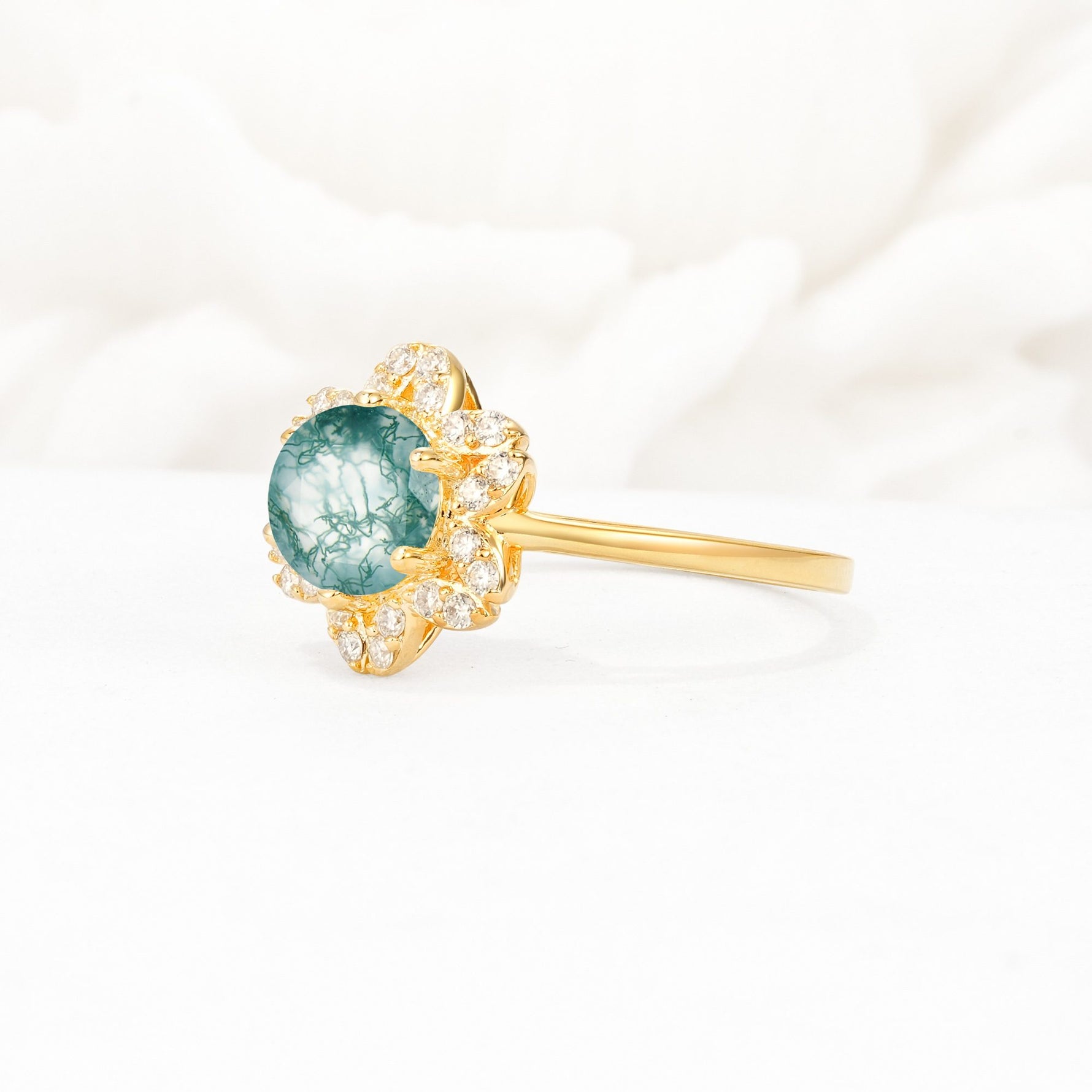 Round Cut Moss Agate Floral Cluster Halo Engagement Ring - Additional view