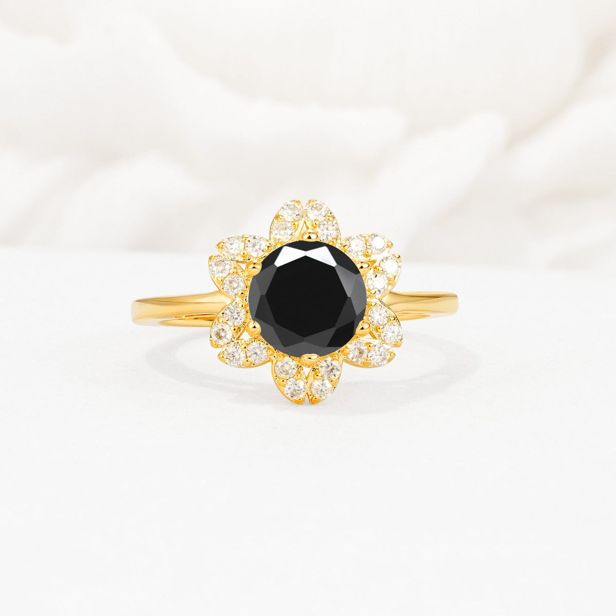 Round Cut Black Onyx Floral Cluster Halo Engagement Ring - Additional view