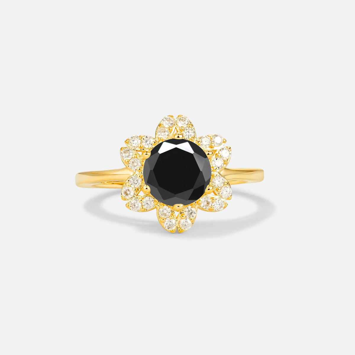 Round Cut Black Onyx Floral Cluster Halo Engagement Ring - Additional view