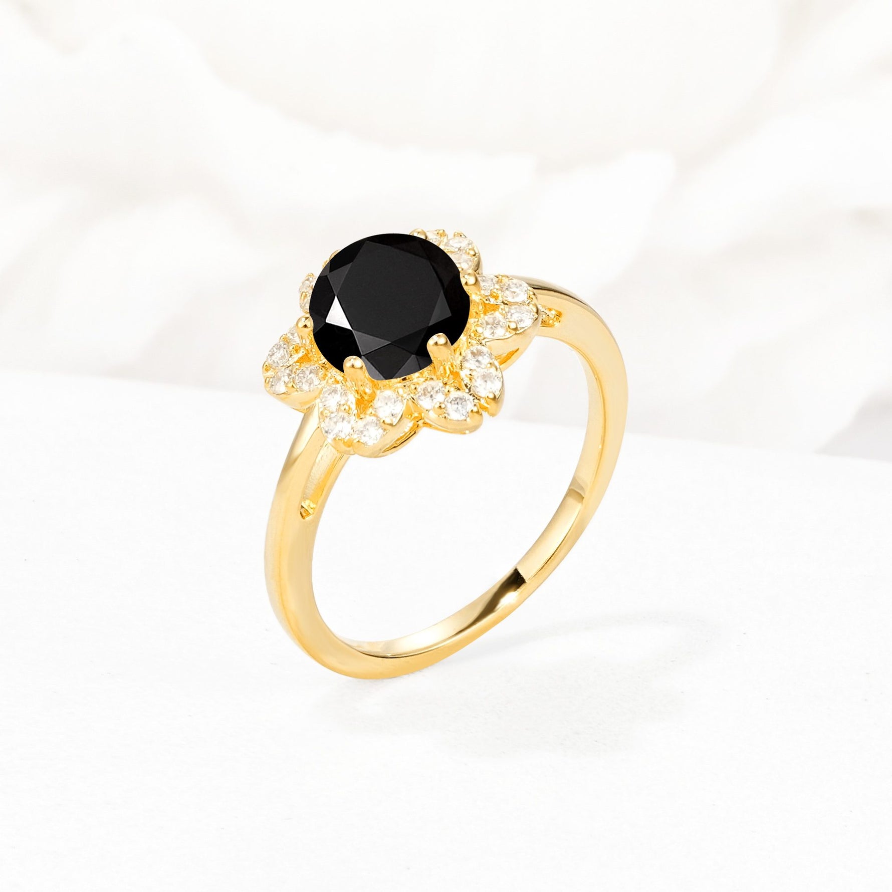 Round Cut Black Onyx Floral Cluster Halo Engagement Ring - Additional view