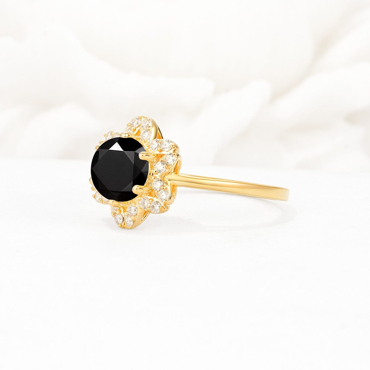 Round Cut Black Onyx Floral Cluster Halo Engagement Ring - Additional view